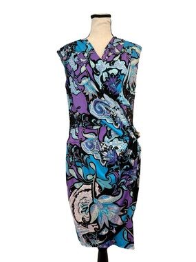 Cache Dress Size 8 Blue Purple Paisley Print Wrap Style Ruched Cocktail Midi